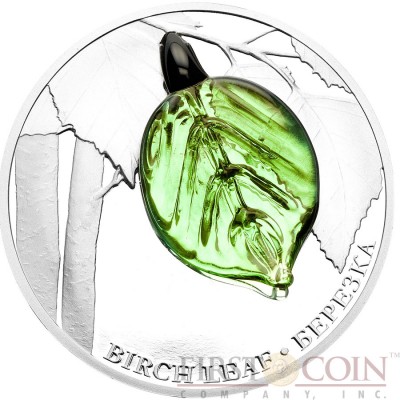 Niue Island BIRCH LEAF series Bohemian Glass Silver Coin $2 Handcrafted Bohemian glass 2016 Proof